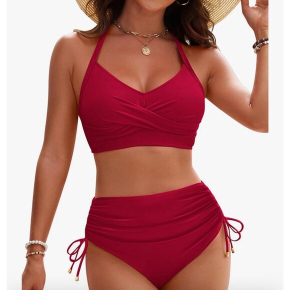 Womens Tummy Control Bathing Suit Modest High Waisted Bikini Set red size Medium - Picture 1 of 15